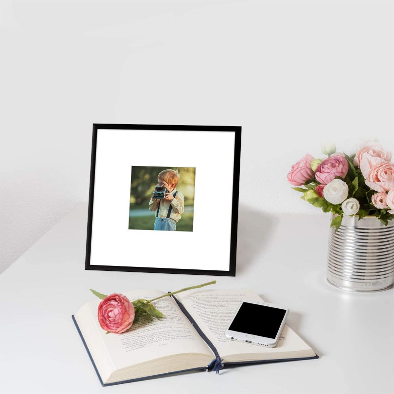 Frametory, 8x8 Black Aluminum Picture Frame - Set of 1 - Ideal for Displaying 4x4 Photos with Mat or 8x8 Without Mat - Real Glass Front - Simple Gallery Wall Frames for Art Prints and Posters - Image 2